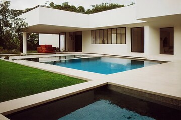 Fototapeta na wymiar Modern patio outdoor with swimming pool. Modern house interior and exterior design