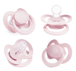 Collage of pale pink baby pacifier on white background, views from different sides