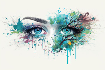 Close up illustration of beautiful woman's eyes with long thick lashes and vibrant green and purple eyeshadow.  Concept for a cosmetics line, makeup, and a beauty parlor. 