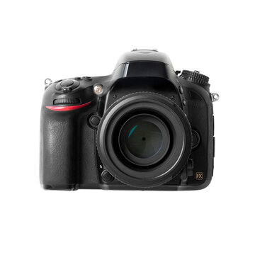 Professional DSLR digital camera body with 50mm lens  isolated on transparent background. High resolution.