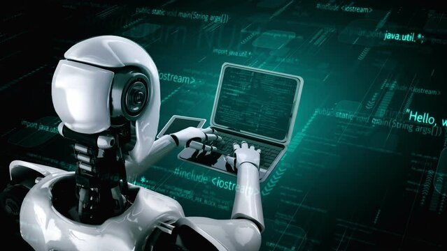 Futuristic robot artificial intelligence huminoid AI programming coding technology development and machine learning concept. Robotic bionic science research for future of human life. 3D rendering.