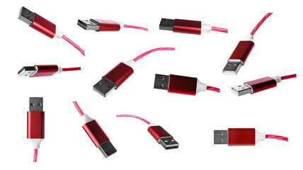 Fototapeta na wymiar Red USB cable on white background, views from different sides