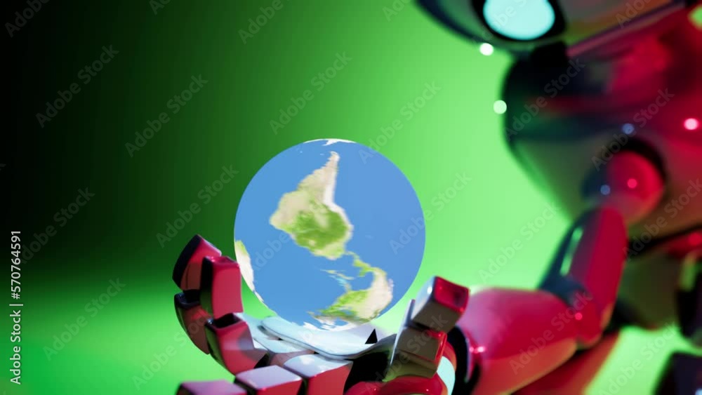 Wall mural robot closeup animation with rotating earth globe on hand with red green background. chatbot take ca