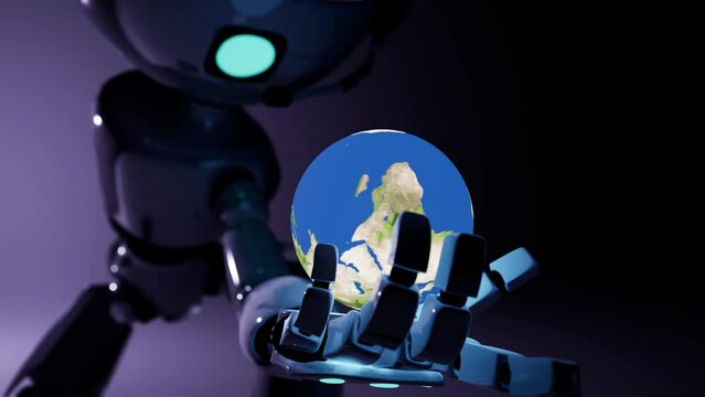 robot closeup animation of hand with rotating earth globe. Chatbot take care of world