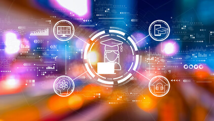 Distance learning theme with urban city lights at night