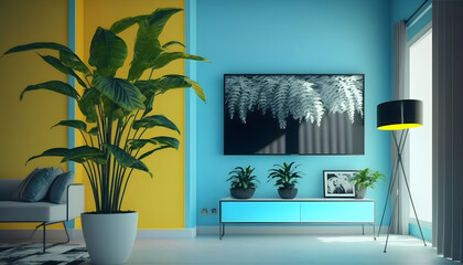 Living room interior with cabinet for tv or picture frame mock up. Ethnic armchair in beige living room with plants trees. Empty wall background. 3d rendering. High quality 3d illustration