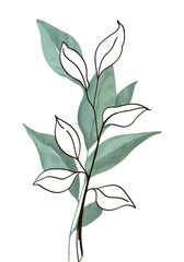 Graphical leaves illustration. Floral line art, minimal pattern background.