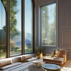 Fototapeta premium Chic minimalist home with large windows1, Generative AI