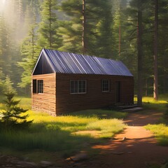 Minimalist cabin in the woods with natural light3, Generative AI