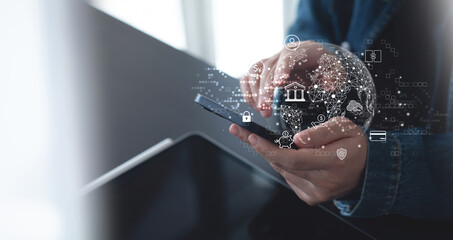 Woman using mobile phone for online banking with global network on virtual screen. E-commerce. Online payment via mobile banking app, E-transaction, virtual bank, financial technology concept