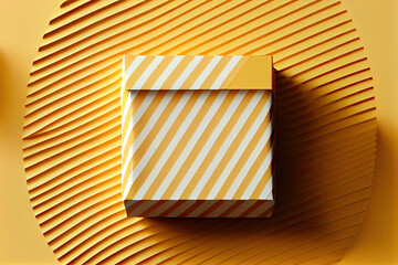 Yellow gift box on white & yellow striped wrapping paper.