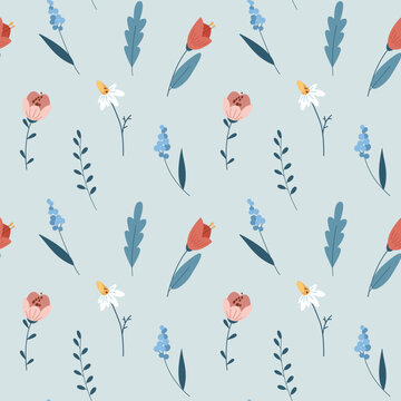 Spring doodle floral seamless pattern with red tulips minimalistic flat cartoon design