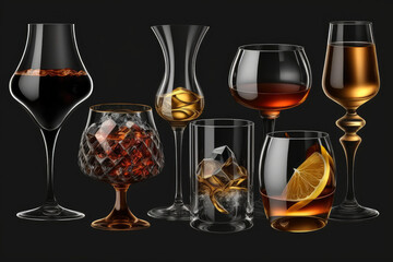 Luxury alcohol drink collection isolated on a chic black background, generative ai