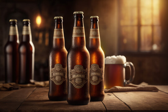 Premium craft beers in brown bottles on a wooden table with a blurred pub background, generative ai