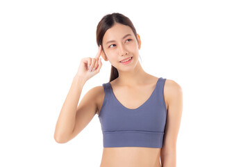 Portrait of beautiful young asian woman in sportwear smile and thinking isolated on white background, sport and exercise for health and weightloss, female and slimming with confident and wellness.