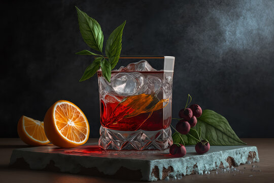 Stylish Negroni cocktail garnished with a cherry and mint leaf on a stone surface, generative ai