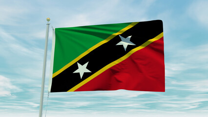 Seamless loop animation of the Saint Kitts And Nevis flag on a blue sky background. 3D Illustration