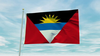 Seamless loop animation of the Antigua And Barbuda flag on a blue sky background. 3D Illustration