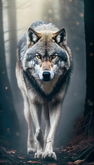 Wild wolf looking back or eye to eye in the jungle.
