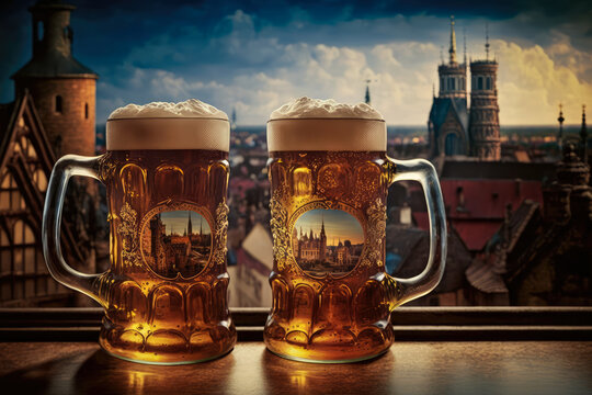 Two large beer steins on a bar with a view of a bustling city in the background, generative ai