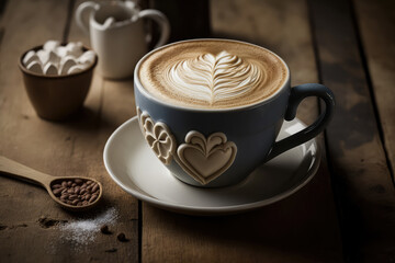 Warm and inviting coffee scene with a heart-shaped latte art on a white cup on a cozy wooden table, generative ai