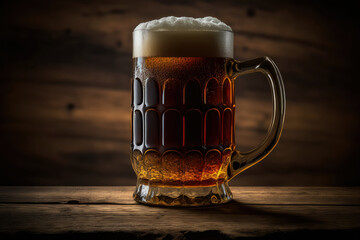 A delicious looking mug of beer sitting on a dark wooden bar, generative ai