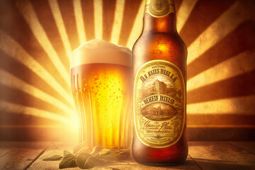 A Glass of Golden Beer with Sunbeams and a Vintage Label, generative ai