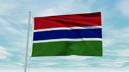 Fototapeta na wymiar Seamless loop animation of the Gambia flag on a blue sky background. 3D Illustration