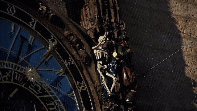 Skeleton Figure of Death Striking the Time on the Prague Astronomical Clock, Old Town Hall - Prague, Czech Republic - 4K