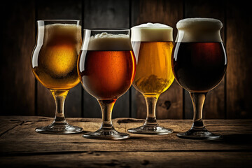 Assortment of four differently flavored beer glasses on a rustic wooden table, generative ai - obrazy, fototapety, plakaty