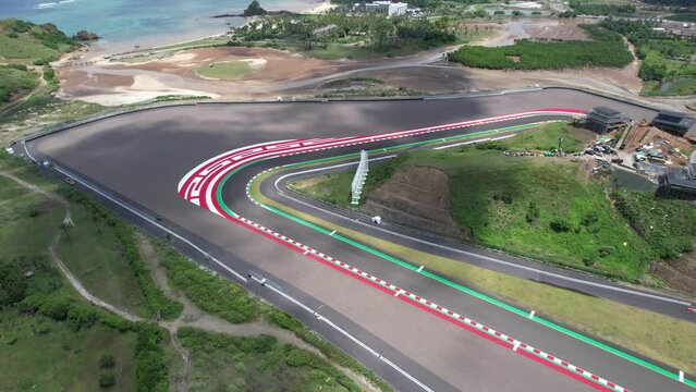 Aerial Circuit Mandalika with cloud and beach background in Lombok. beautiful circuit in the world,  circuit under construction