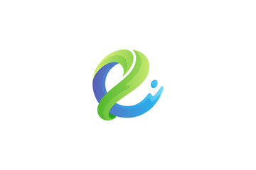 Letter e logo with water splash combination in 3d design style