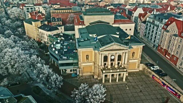 Drone shot revealing Halle Opera House (B&uuml;hnen Halle) , Halle(Saale) , Germany