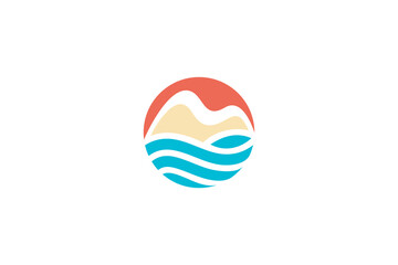 Nature landscape logo in circle design with water wave and mountain elements in pastel colors