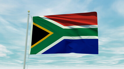 Seamless loop animation of the South Africa flag on a blue sky background. 3D Illustration