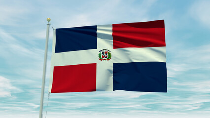 Seamless loop animation of the Dominican Republic flag on a blue sky background. 3D Illustration