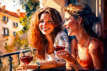 Friendship and Wine: Best Friends Sipping Red Wine on Cafe Balcony, generative ai - obrazy, fototapety, plakaty