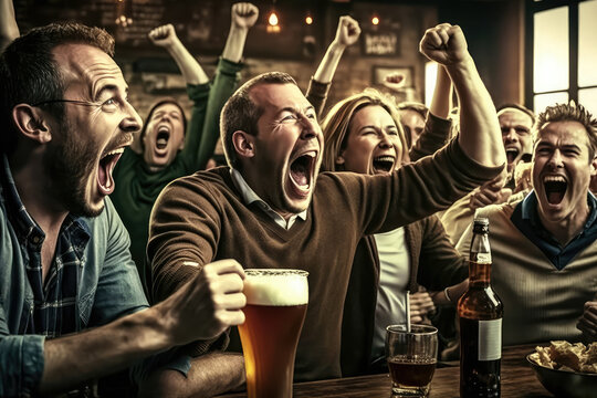 Football fans laughing and joking while raising beer mugs in post-game celebration at bar, generative ai