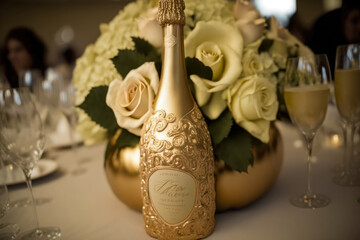 Gorgeous Golden Champagne Bottle Centerpiece for a Grand Celebration, generative ai