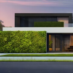 Modern home with a flat roof and a green wall1, Generative AI