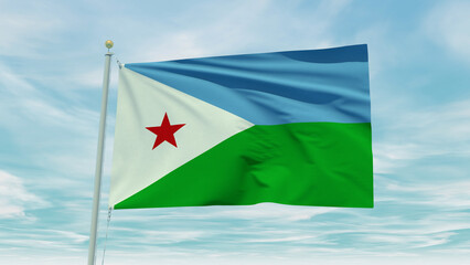 Seamless loop animation of the Djibouti flag on a blue sky background. 3D Illustration