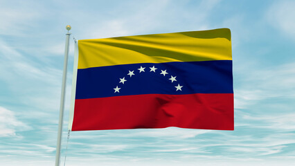Fototapeta na wymiar Seamless loop animation of the Venezuela flag on a blue sky background. 3D Illustration
