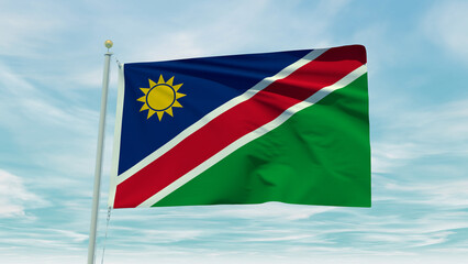 Seamless loop animation of the Namibia flag on a blue sky background. 3D Illustration