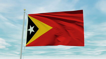 Seamless loop animation of the East Timor flag on a blue sky background. 3D Illustration