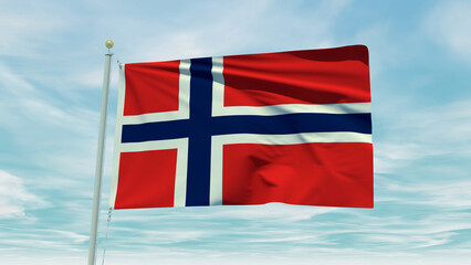 Seamless loop animation of the Norway flag on a blue sky background. 3D Illustration