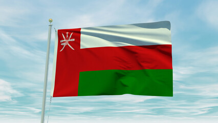 Fototapeta na wymiar Seamless loop animation of the Oman flag on a blue sky background. 3D Illustration
