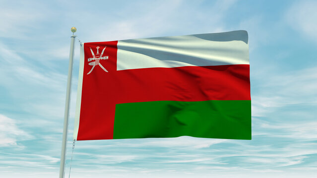 Seamless loop animation of the Oman flag on a blue sky background. 3D Illustration