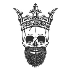 Black and white skull in crown with beard isolated on white background illustration