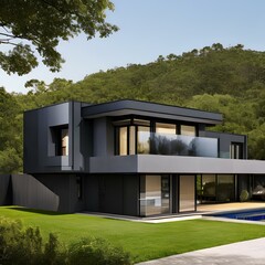 Modern home with a sleek black exterior and a large garage3, Generative AI