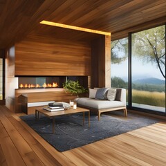 Modern home with a warm wood interior and a central fireplace2, Generative AI